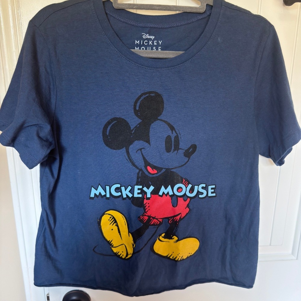 Disney Mickey Mouse Graphic T-Shirt Navy Blue Cropped Raw Hem Cotton XL